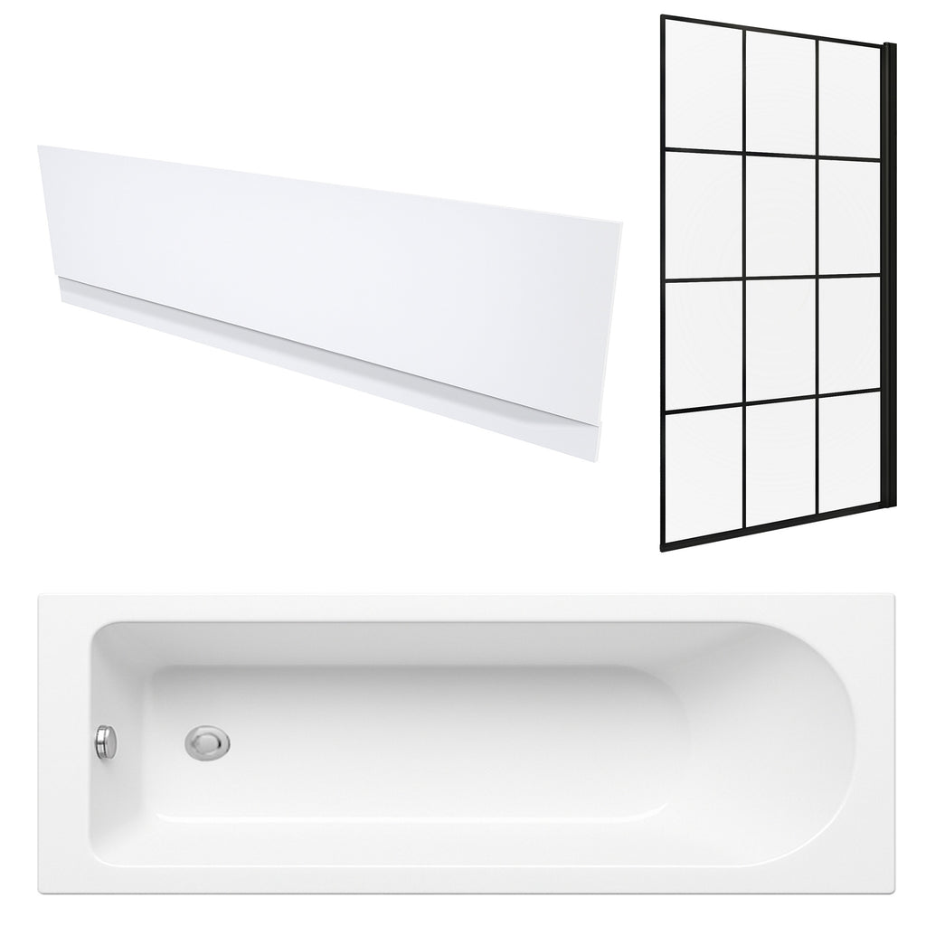 White 1700 x 700 mm Single-Ended Bath with Waterproof Front Panel & Grid Black Bath Screen
