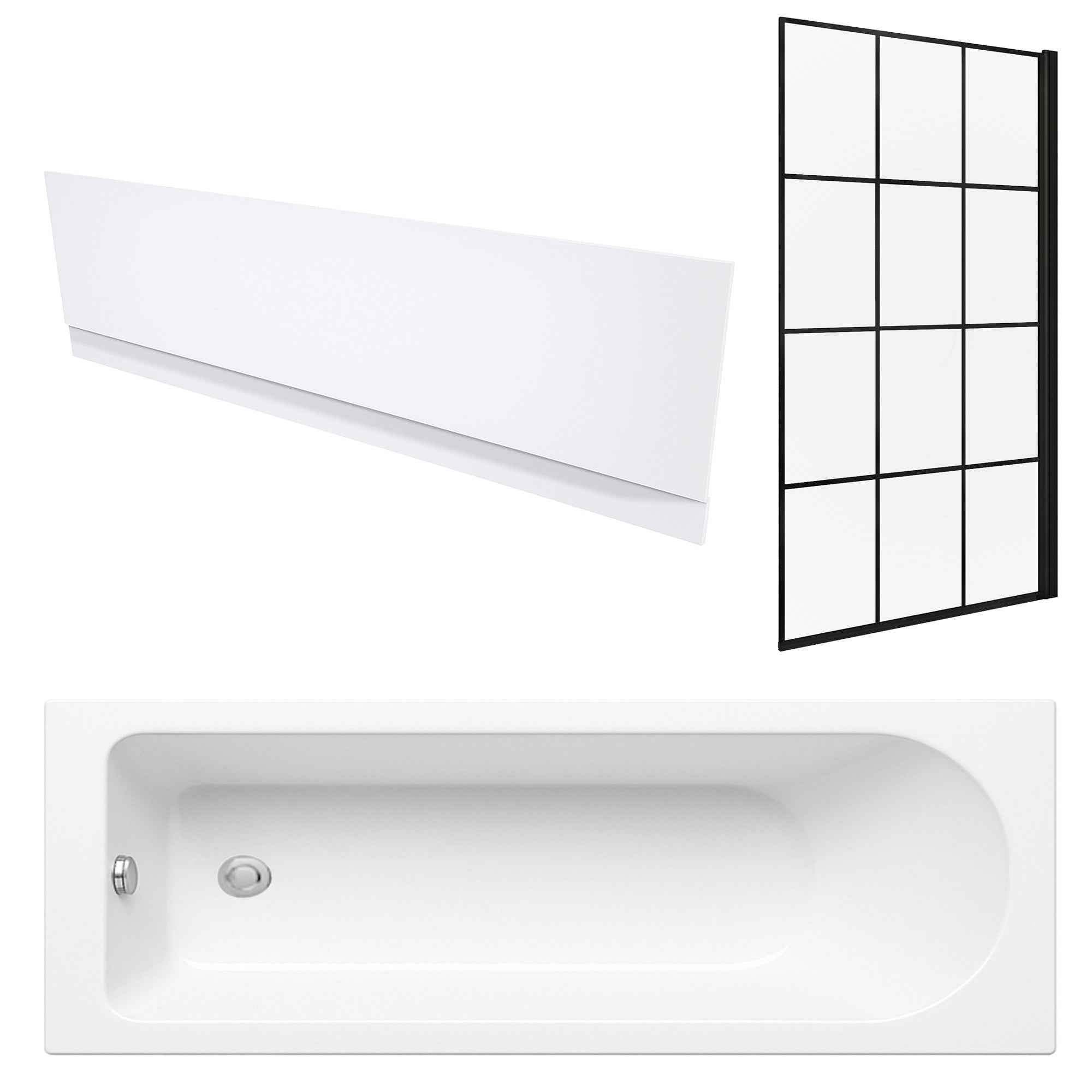 White 1700 x 700 mm Single-Ended Bath with Waterproof Front Panel & Grid Black Bath Screen