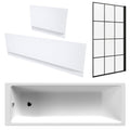 White 1700 x 700 mm Single-Ended Bath with Waterproof Panel Set & Grid Black Bath Screen