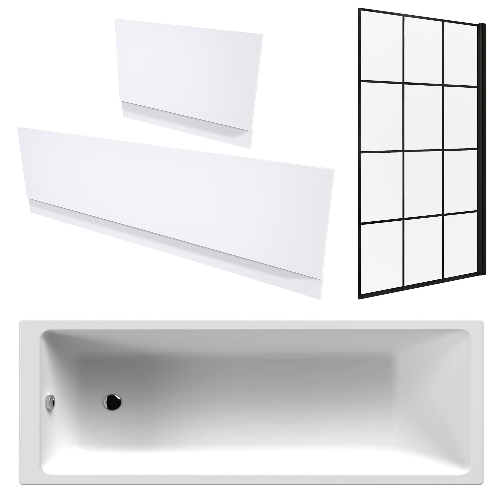 White 1700 x 700 mm Single-Ended Bath with Waterproof Panel Set & Grid Black Bath Screen