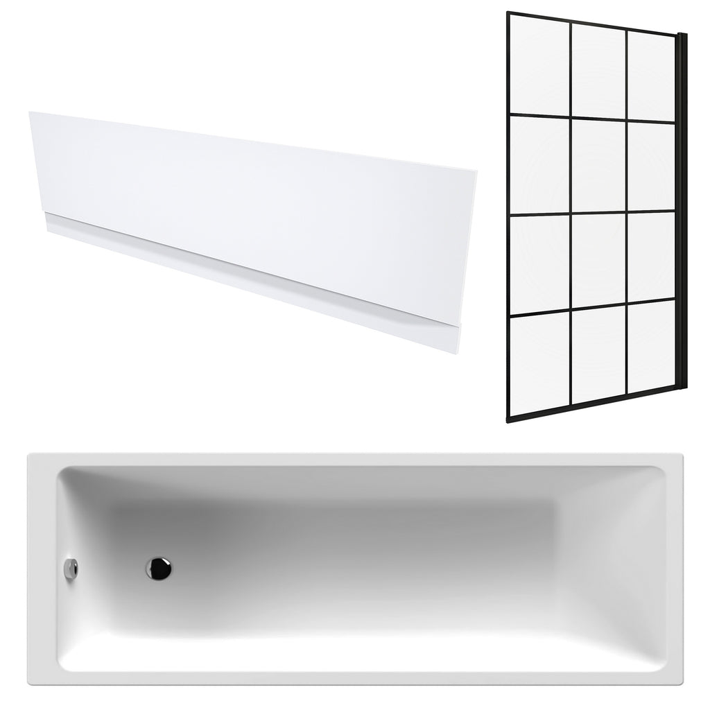 White 1700 x 700 mm Single-Ended Bath with Waterproof Front Panel & Grid Black Bath Screen
