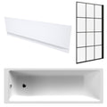 White 1700 x 700 mm Single-Ended Bath with Waterproof Front Panel & Grid Black Bath Screen