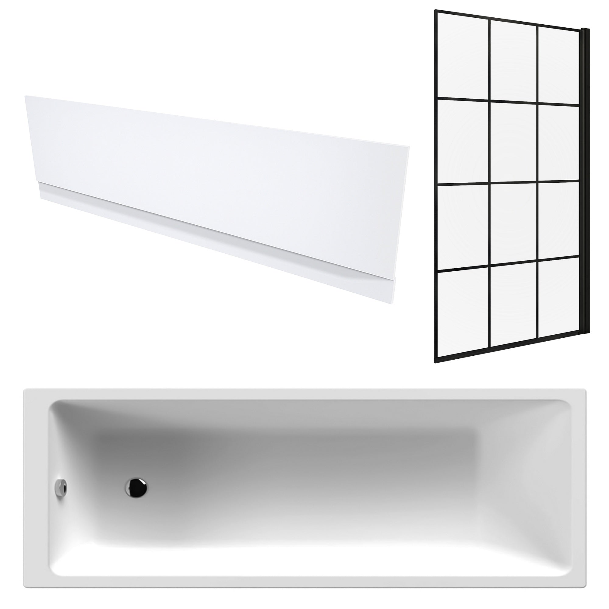 White 1700 x 700 mm Single-Ended Bath with Waterproof Front Panel & Grid Black Bath Screen