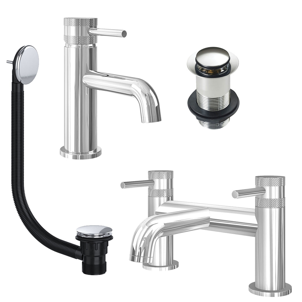 Chrome Basin Mixer Tap and Bath Filler with Unslotted Basin and Bath Waste - Dual Handle Options