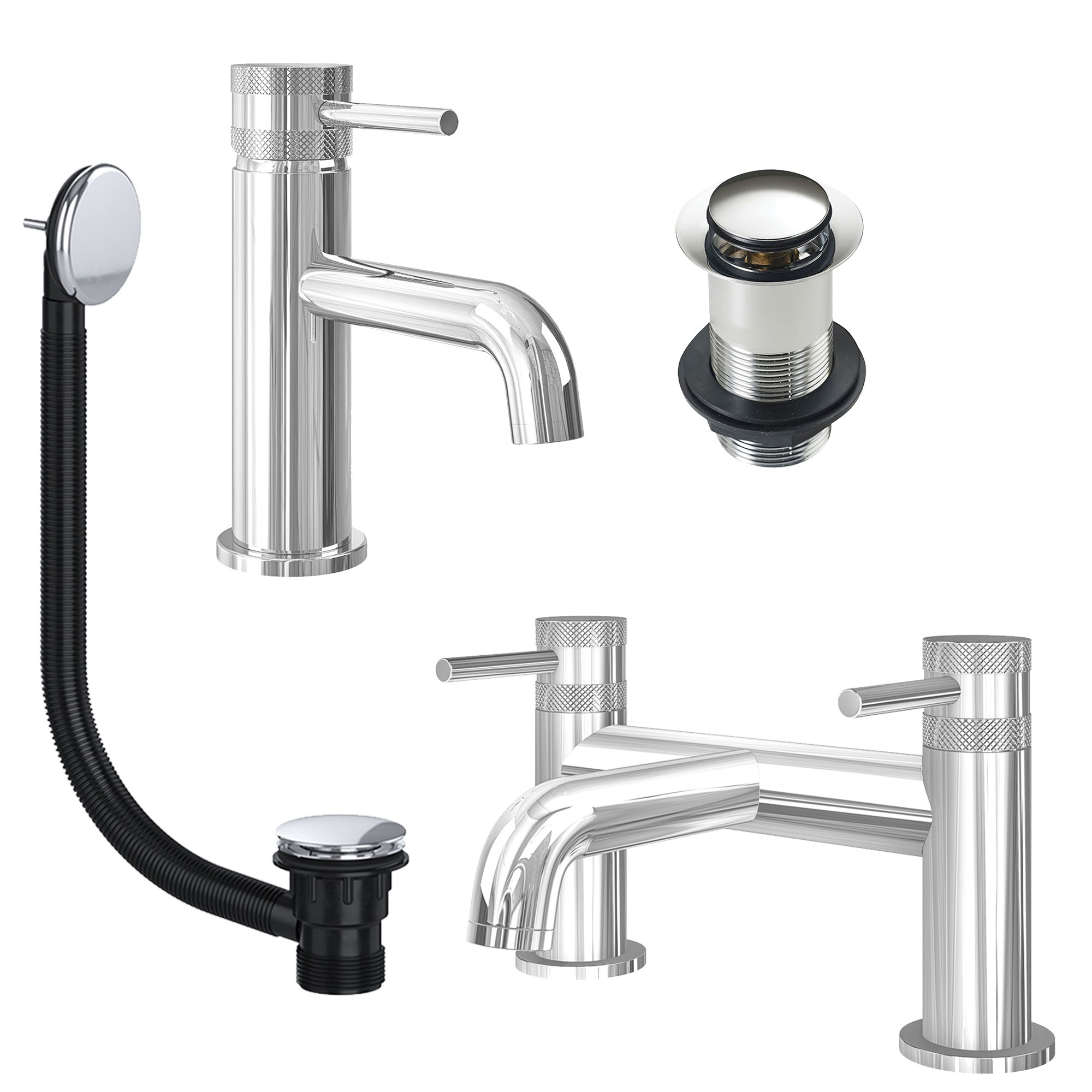 Chrome Basin Mixer Tap and Bath Filler with Unslotted Basin and Bath Waste - Dual Handle Options