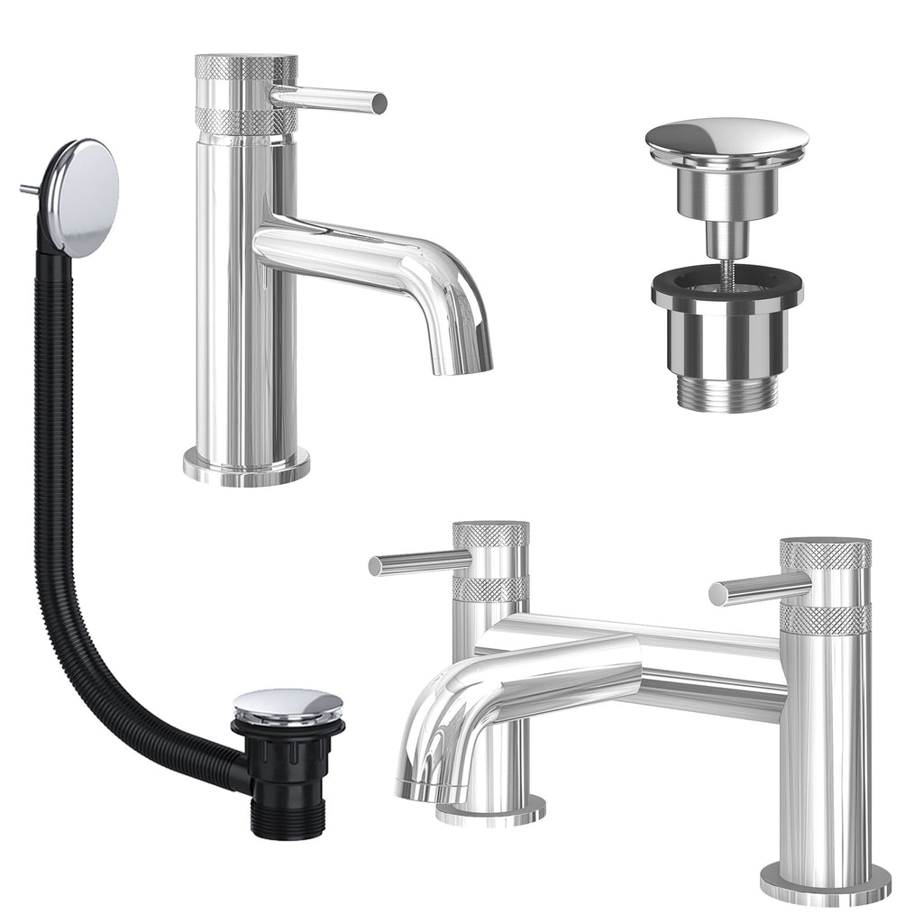 Chrome Basin Mixer Tap and Bath Filler with Universal Basin and Bath Waste - Dual Handle Options