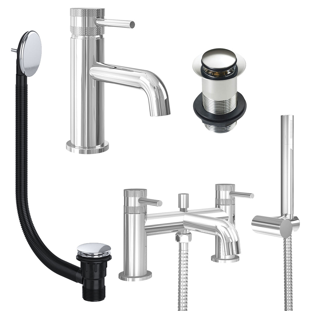 Chrome Basin Mixer Tap and Bath Shower Mixer with Unslotted Basin and Bath Waste - Dual Handle Options