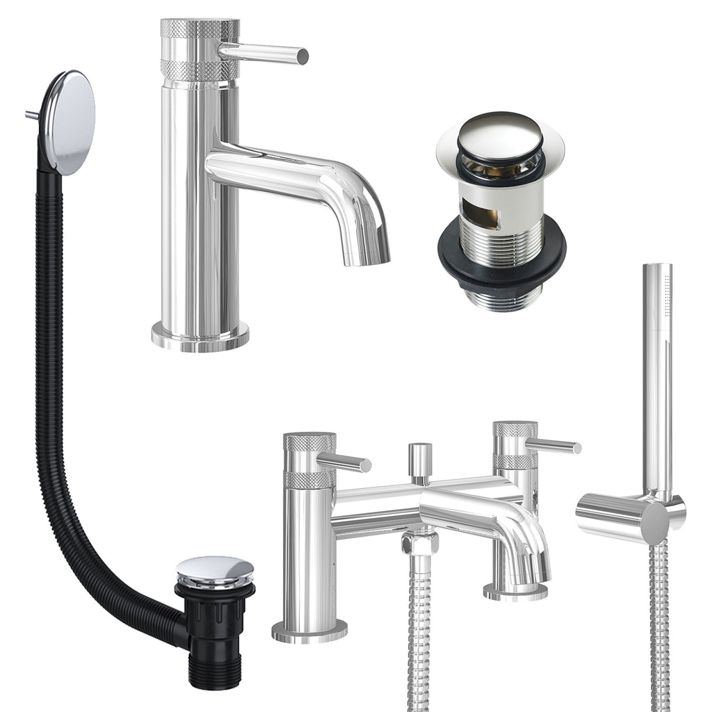 Chrome Basin Mixer Tap and Bath Shower Mixer with Slotted Basin and Bath Waste - Dual Handle Options