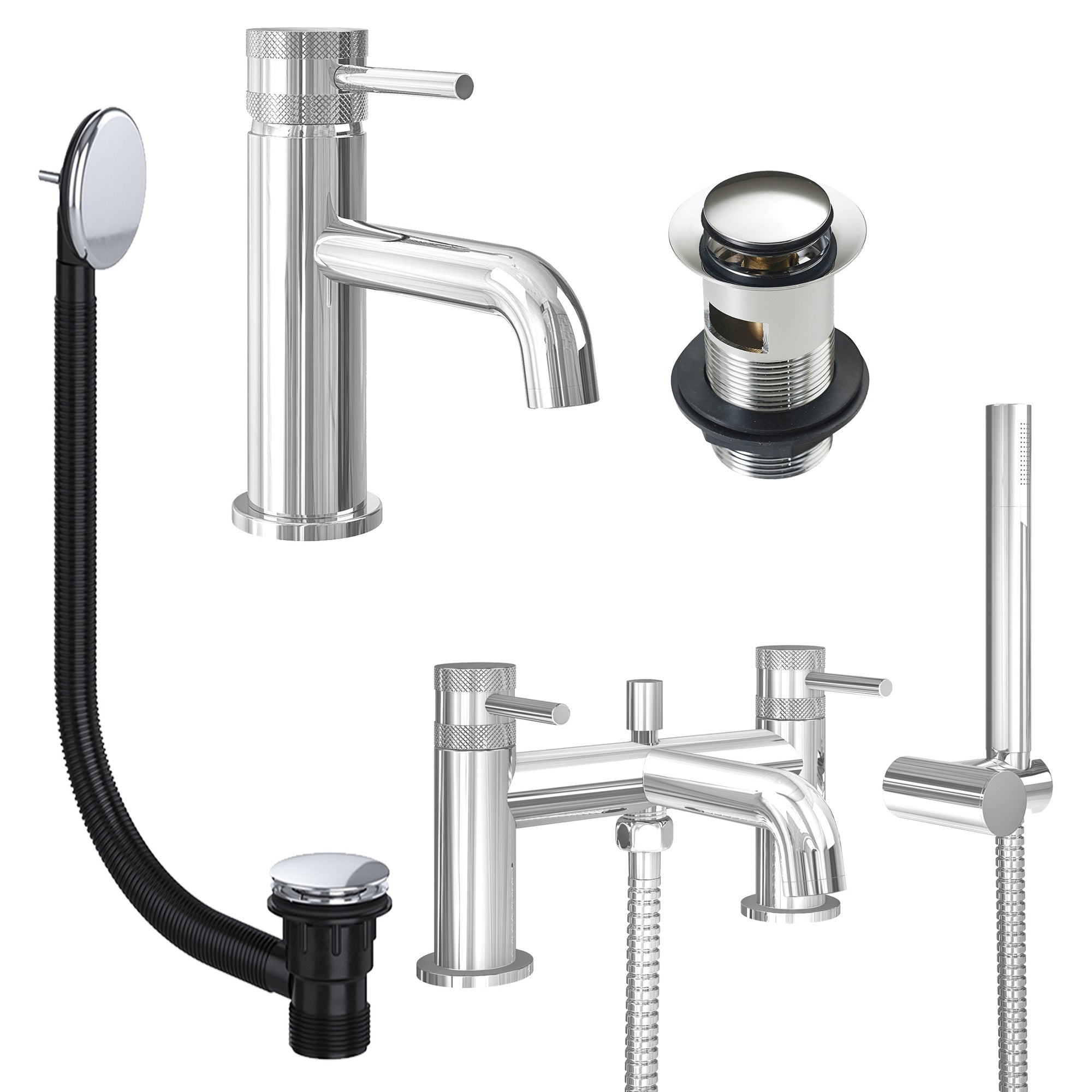 Chrome Basin Mixer Tap and Bath Shower Mixer with Slotted Basin and Bath Waste - Dual Handle Options