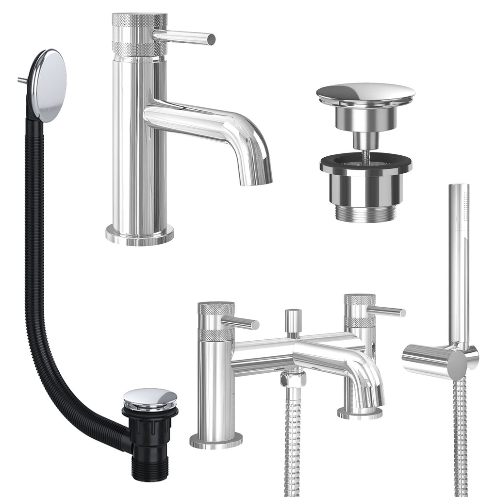 Chrome Basin Mixer Tap and Bath Shower Mixer with Universal Basin and Bath Waste - Dual Handle Options