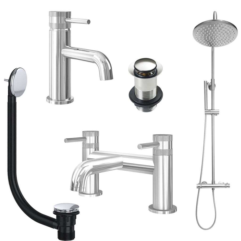 Chrome Basin Mixer Tap, Bath Filler and Rigid Riser Shower with Unslotted Basin and Bath Waste