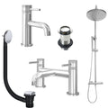 Chrome Basin Mixer Tap, Bath Filler and Rigid Riser Shower with Unslotted Basin and Bath Waste