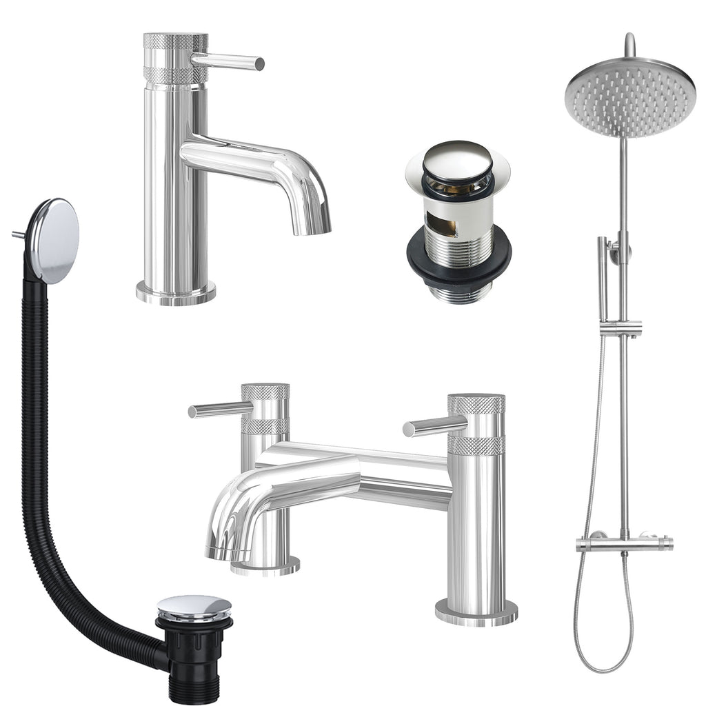 Chrome Basin Mixer Tap, Bath Filler and Rigid Riser Shower with Slotted Basin and Bath Waste