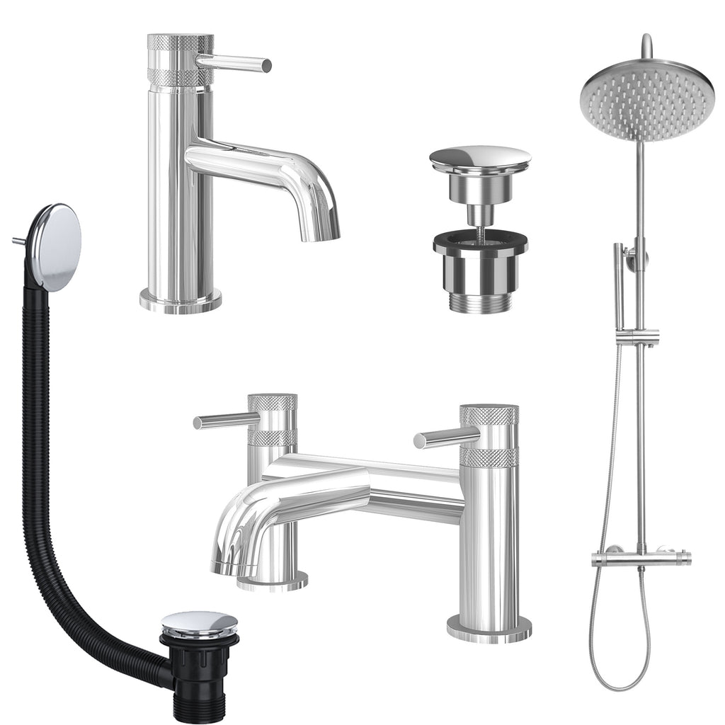 Chrome Basin Mixer Tap, Bath Filler and Rigid Riser Shower with Universal Basin and Bath Waste