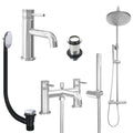 Chrome Basin Mixer Tap, Bath Shower Mixer and Rigid Riser Shower with Unslotted Basin and Bath Waste