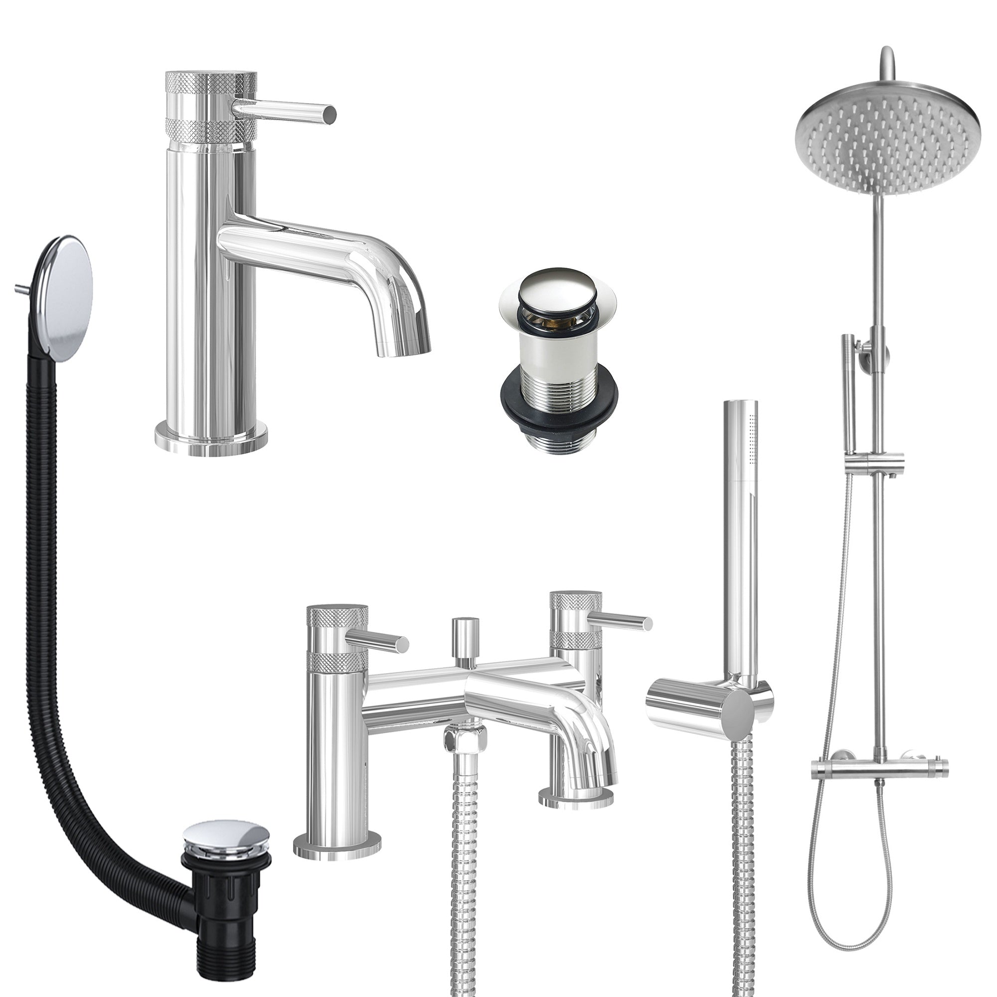 Chrome Basin Mixer Tap, Bath Shower Mixer and Rigid Riser Shower with Unslotted Basin and Bath Waste