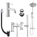 Chrome Basin Mixer Tap, Bath Shower Mixer and Rigid Riser Shower with Slotted Basin and Bath Waste