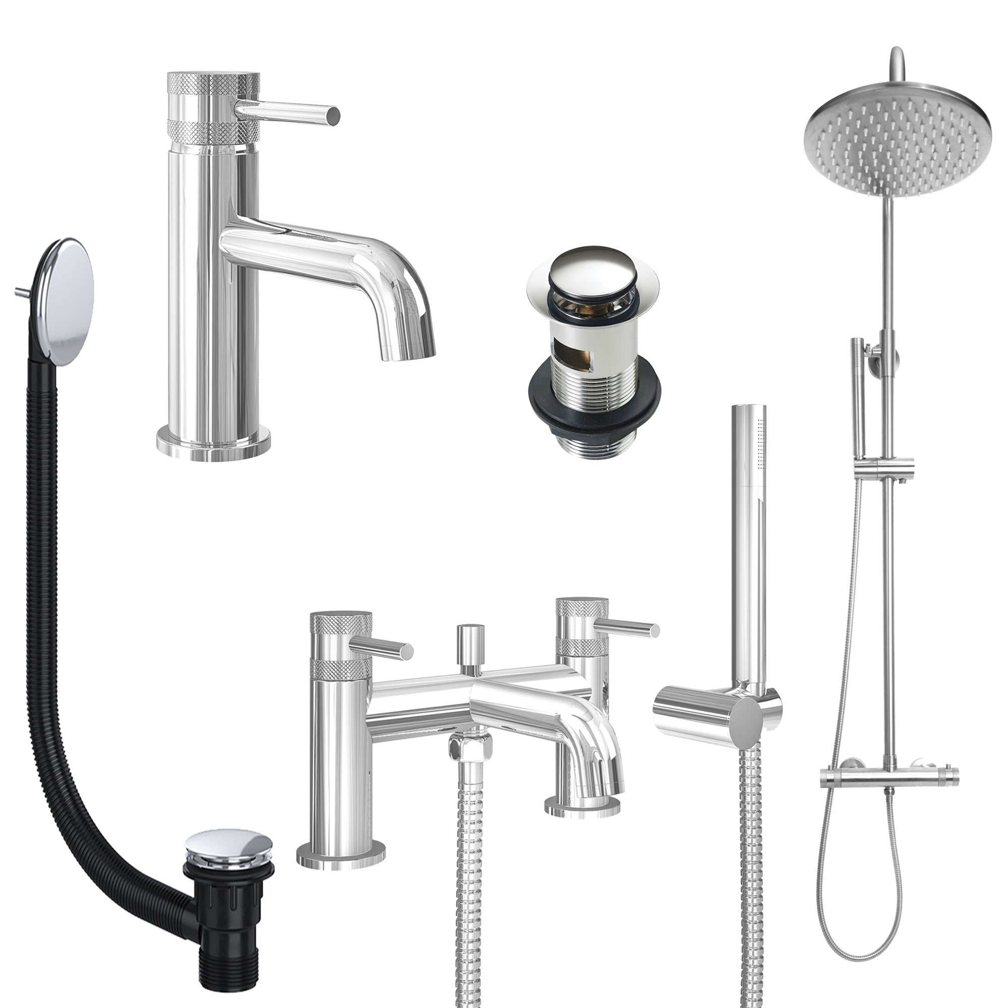 Chrome Basin Mixer Tap, Bath Shower Mixer and Rigid Riser Shower with Slotted Basin and Bath Waste