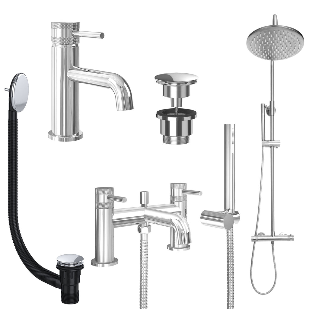 Chrome Basin Mixer Tap, Bath Shower Mixer and Rigid Riser Shower with Universal Basin and Bath Waste
