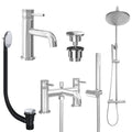Chrome Basin Mixer Tap, Bath Shower Mixer and Rigid Riser Shower with Universal Basin and Bath Waste