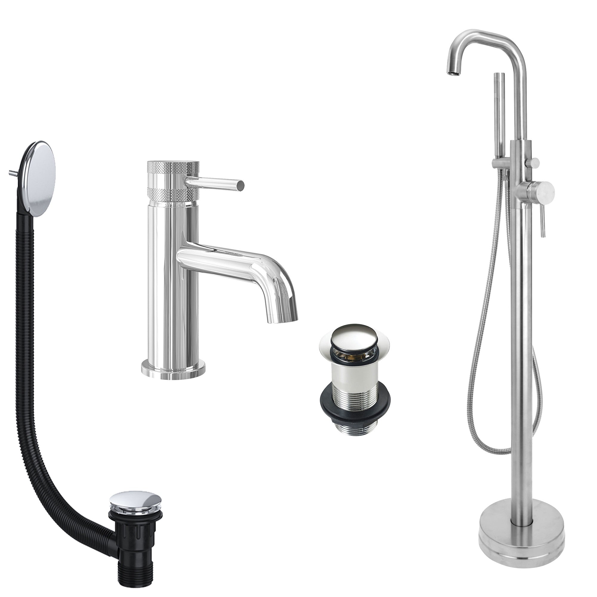 Chrome Basin Mixer and Freestanding Bath Shower Mixer Tap with Handset and Unslotted Basin and Bath Waste