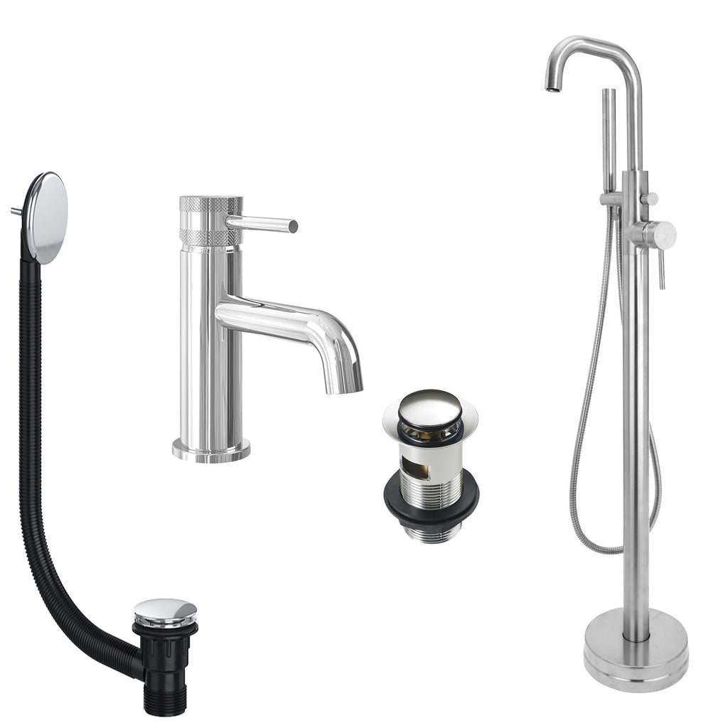 Chrome Basin Mixer and Freestanding Bath Shower Mixer Tap with Handset and Slotted Basin and Bath Waste