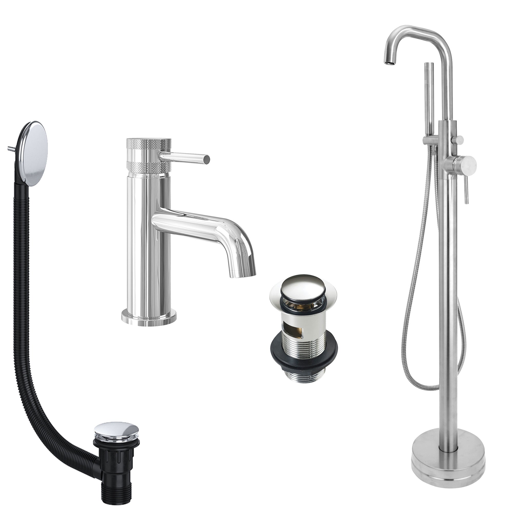 Chrome Basin Mixer and Freestanding Bath Shower Mixer Tap with Handset and Slotted Basin and Bath Waste