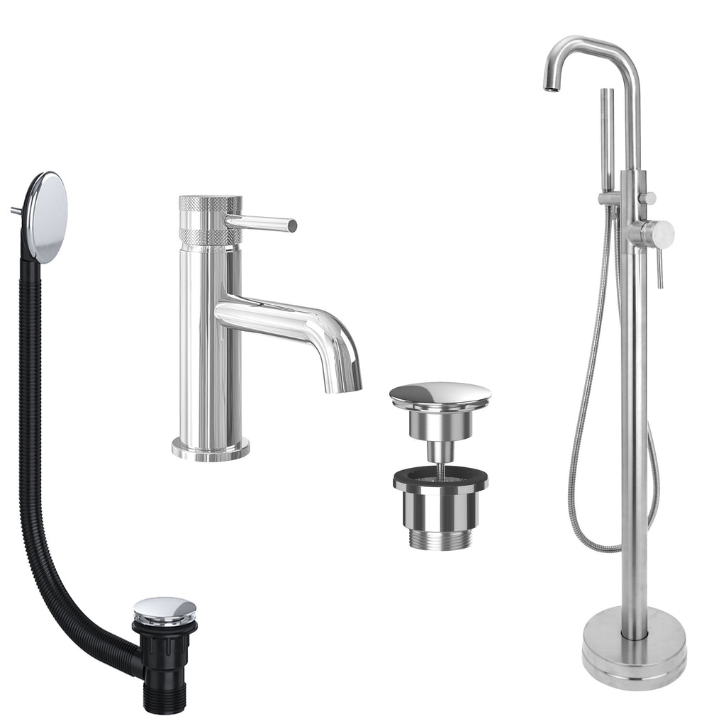 Chrome Basin Mixer and Freestanding Bath Shower Mixer Tap with Handset and Universal Basin and Bath Waste