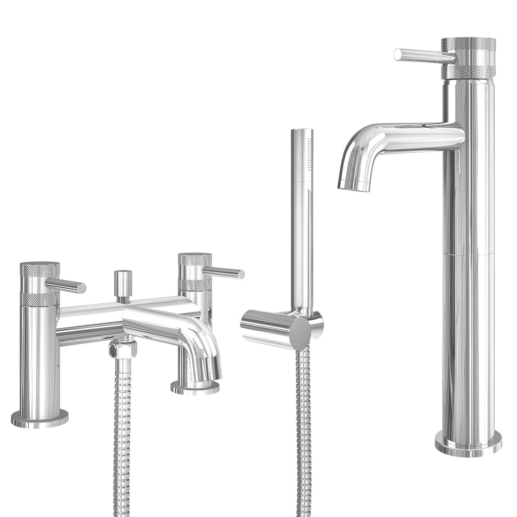 Chrome Tall Basin Mixer Tap and Bath Shower Mixer with Handset - Dual Handle Options