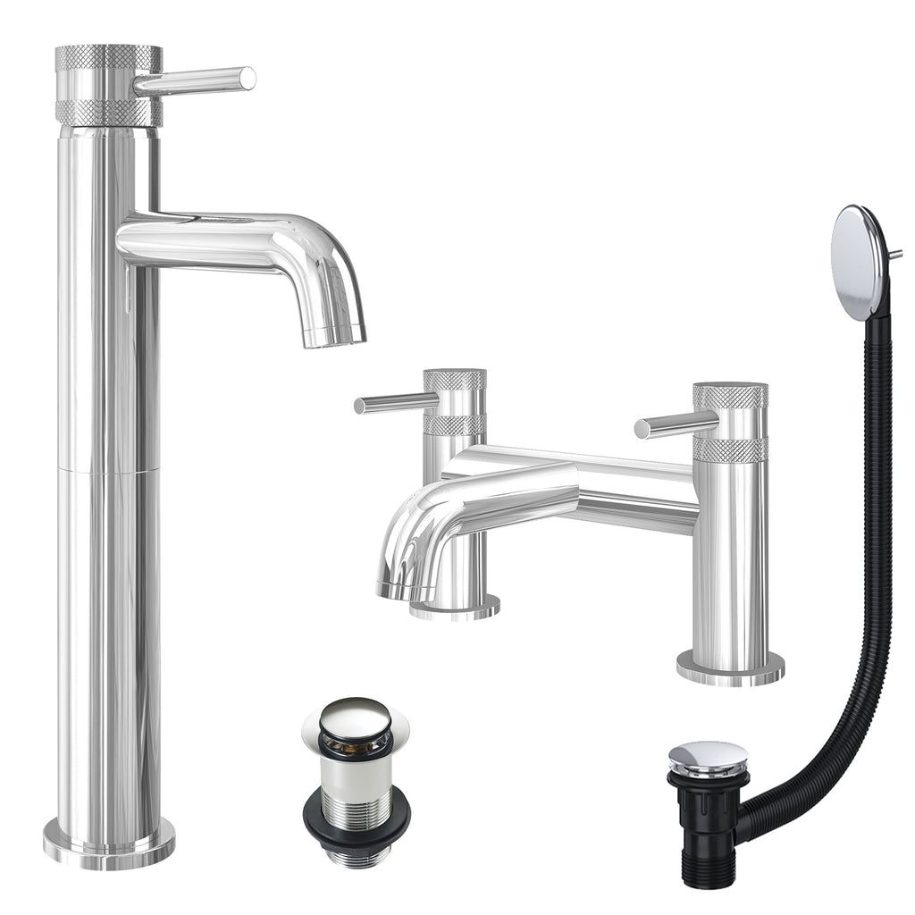 Chrome Tall Basin Mixer Tap and Bath Filler with Unslotted Basin and Bath Waste - Dual Handle Options