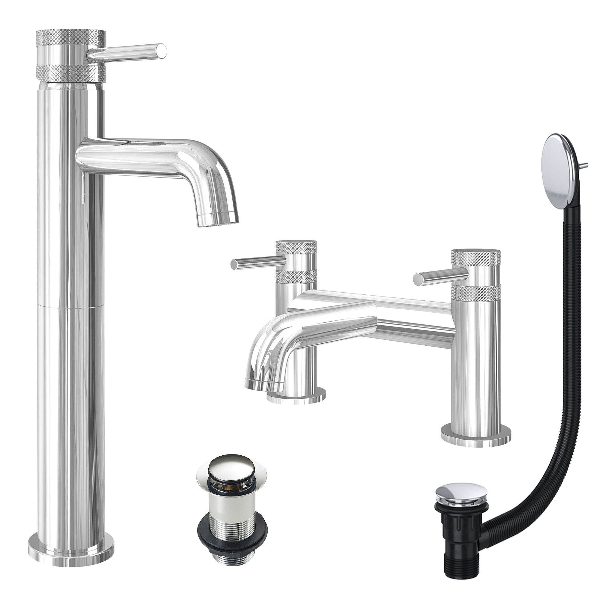 Chrome Tall Basin Mixer Tap and Bath Filler with Unslotted Basin and Bath Waste - Dual Handle Options