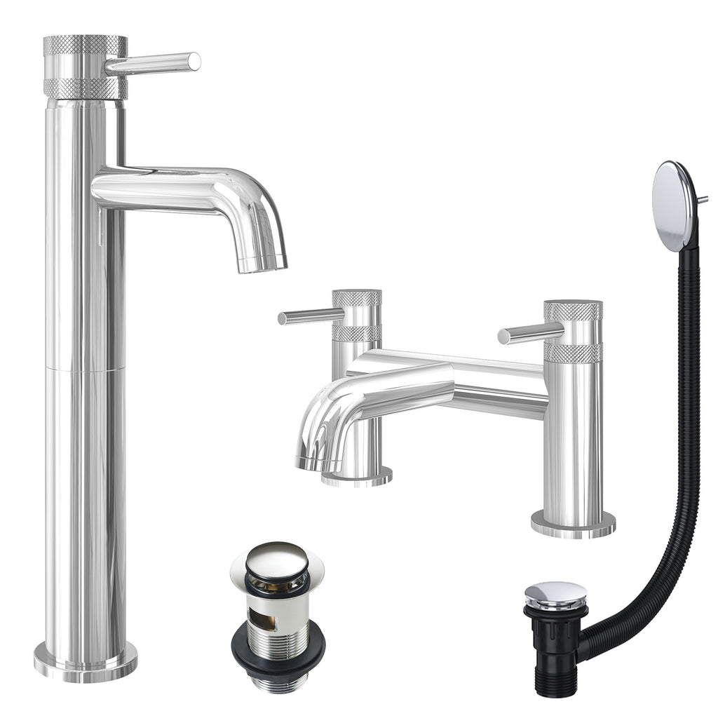 Chrome Tall Basin Mixer Tap and Bath Filler with Slotted Basin and Bath Waste - Dual Handle Options