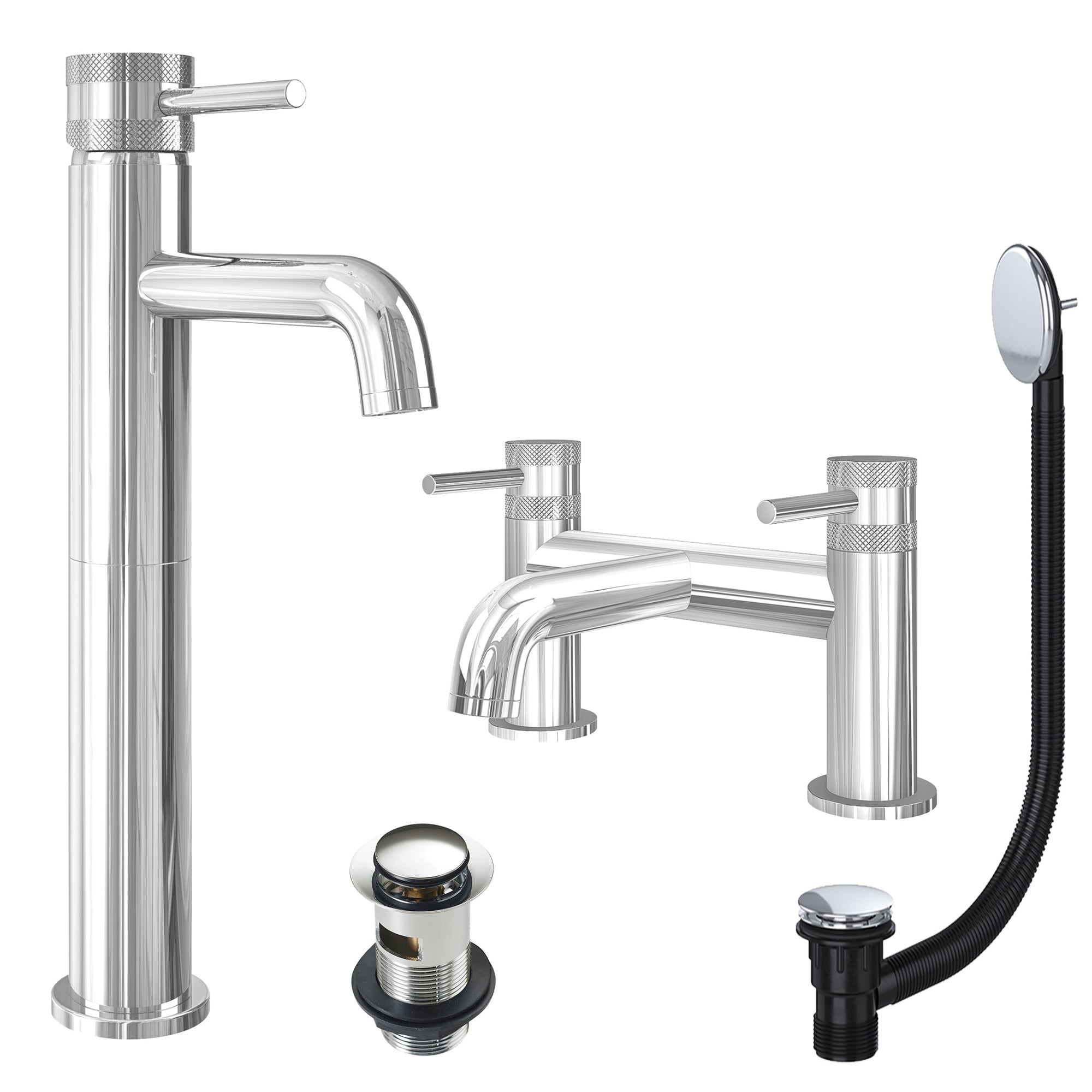 Chrome Tall Basin Mixer Tap and Bath Filler with Slotted Basin and Bath Waste - Dual Handle Options