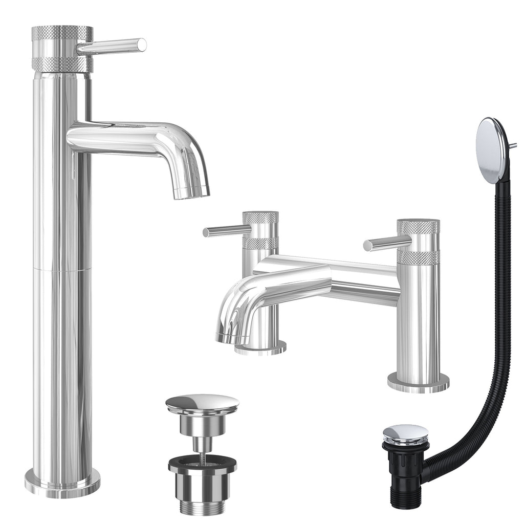 Chrome Tall Basin Mixer Tap and Bath Filler with Universal Basin and Bath Waste - Dual Handle Options