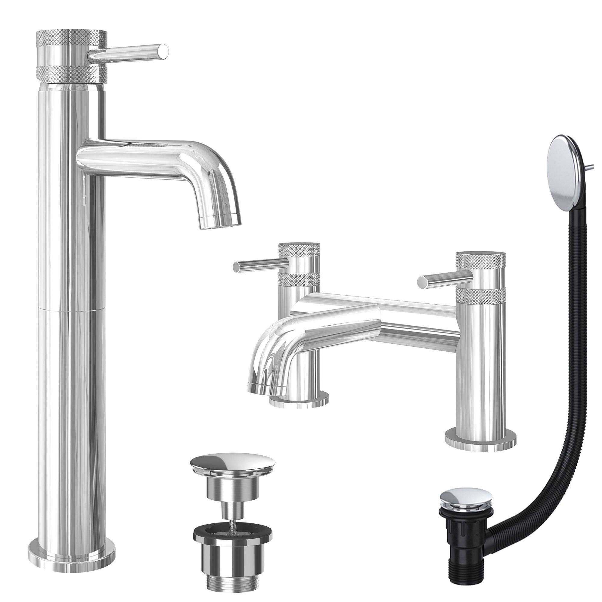Chrome Tall Basin Mixer Tap and Bath Filler with Universal Basin and Bath Waste - Dual Handle Options