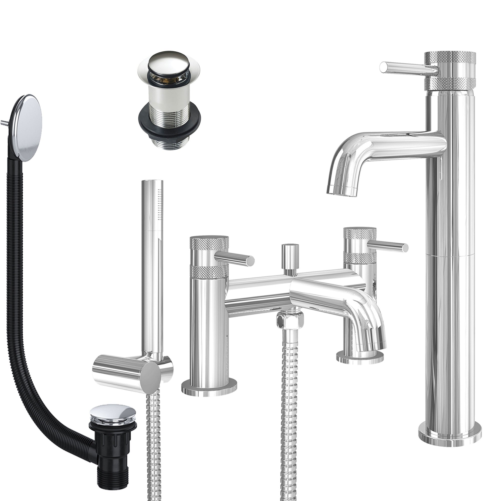 Chrome Tall Basin Mixer Tap and Bath Shower Mixer with Unslotted Basin and Bath Waste - Dual Handle Options