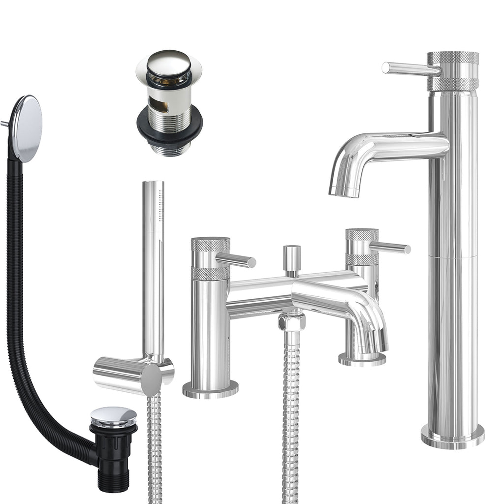 Chrome Tall Basin Mixer Tap and Bath Shower Mixer with Slotted Basin and Bath Waste - Dual Handle Options