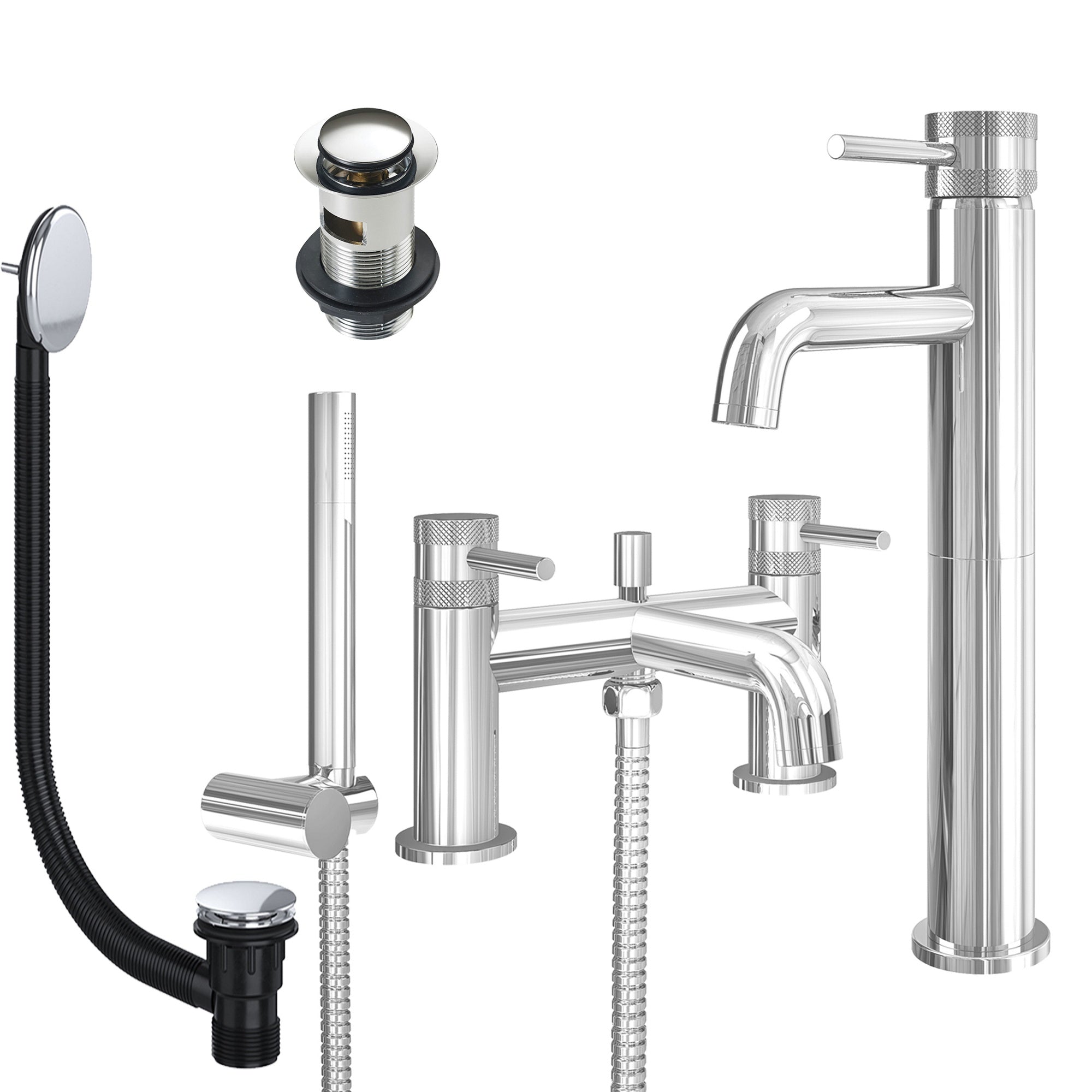 Chrome Tall Basin Mixer Tap and Bath Shower Mixer with Slotted Basin and Bath Waste - Dual Handle Options