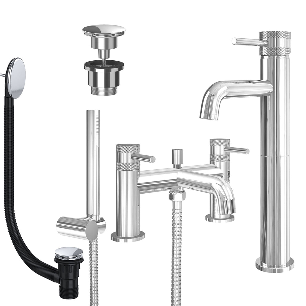 Chrome Tall Basin Mixer Tap and Bath Shower Mixer with Universal Basin and Bath Waste - Dual Handle Options