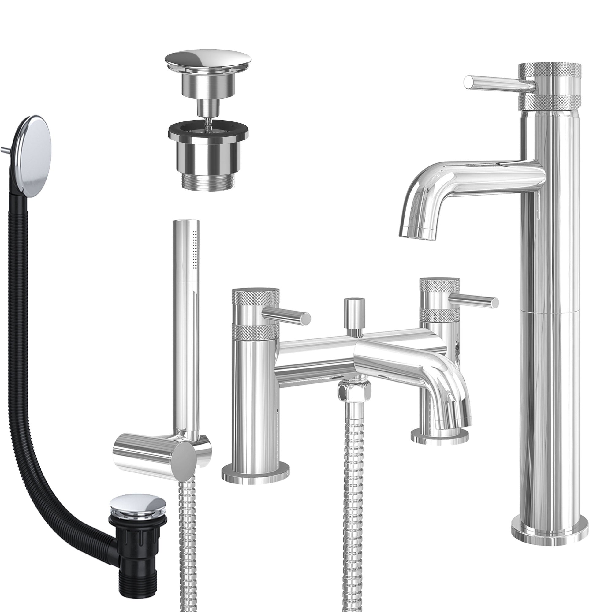 Chrome Tall Basin Mixer Tap and Bath Shower Mixer with Universal Basin and Bath Waste - Dual Handle Options