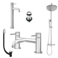 Chrome Tall Basin Mixer Tap, Bath Filler and Rigid Riser Shower with Unslotted Basin and Bath Waste