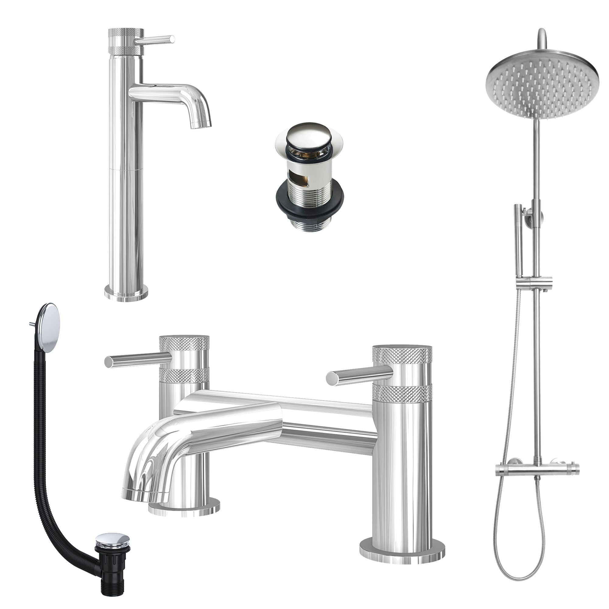 Chrome Tall Basin Mixer Tap, Bath Filler and Rigid Riser Shower with Slotted Basin and Bath Waste