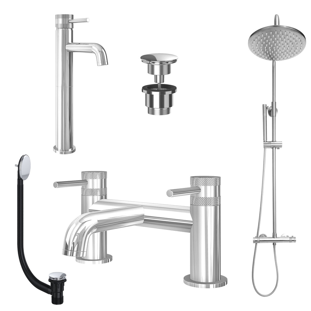 Chrome Tall Basin Mixer Tap, Bath Filler and Rigid Riser Shower with Universal Basin and Bath Waste