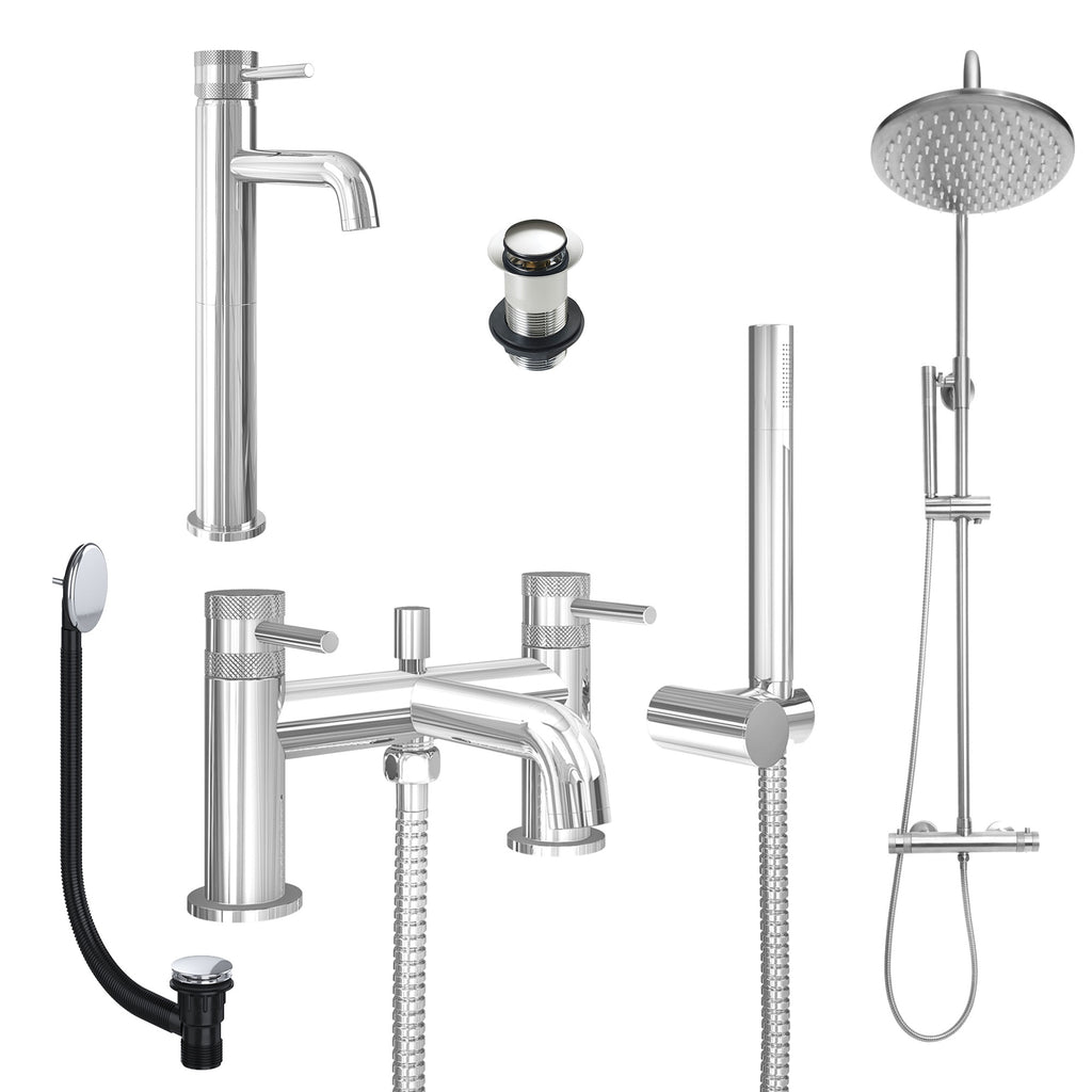 Chrome Tall Basin Mixer Tap, Bath Shower Mixer and Rigid Riser Shower with Unslotted Basin and Bath Waste