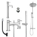 Chrome Tall Basin Mixer Tap, Bath Shower Mixer and Rigid Riser Shower with Unslotted Basin and Bath Waste
