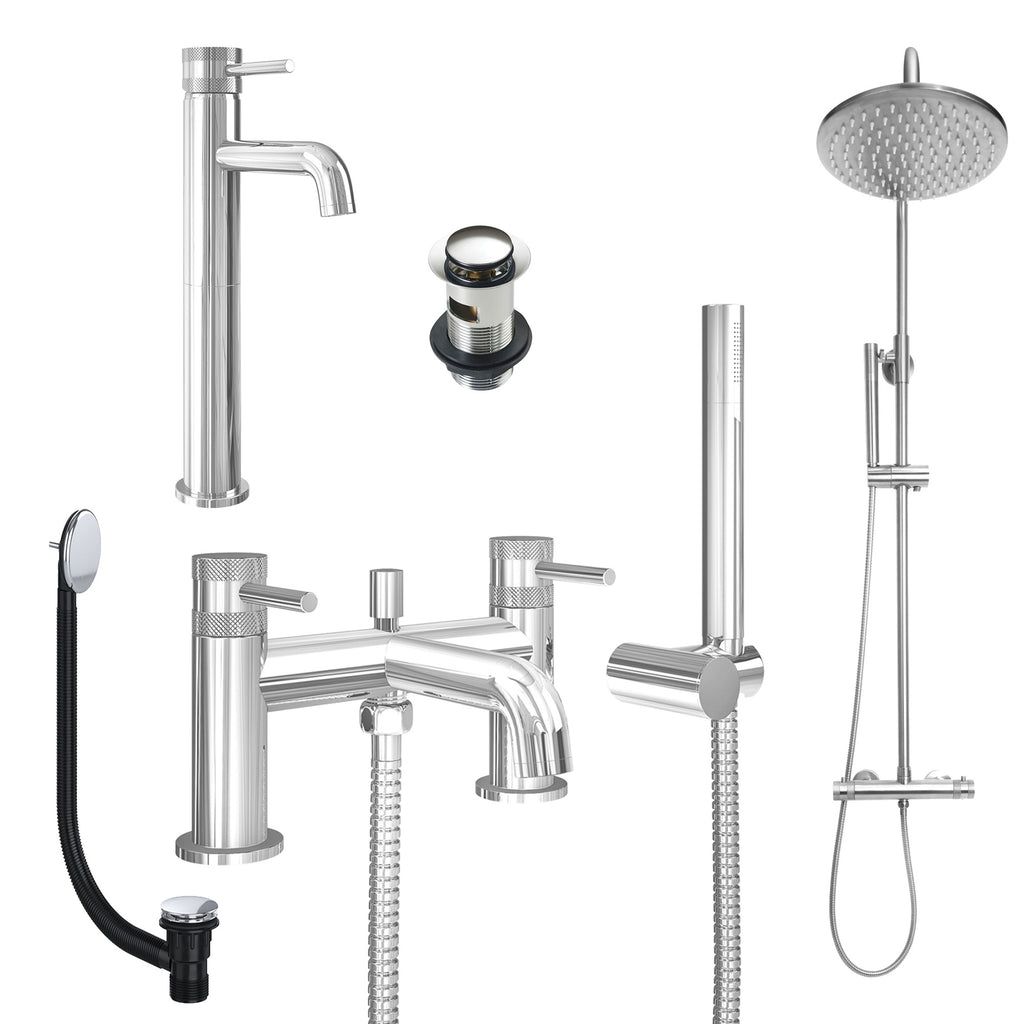 Chrome Tall Basin Mixer Tap, Bath Shower Mixer and Rigid Riser Shower with Slotted Basin and Bath Waste