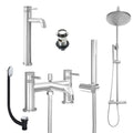 Chrome Tall Basin Mixer Tap, Bath Shower Mixer and Rigid Riser Shower with Slotted Basin and Bath Waste
