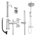Chrome Tall Basin Mixer Tap, Bath Shower Mixer and Rigid Riser Shower with Universal Basin and Bath Waste