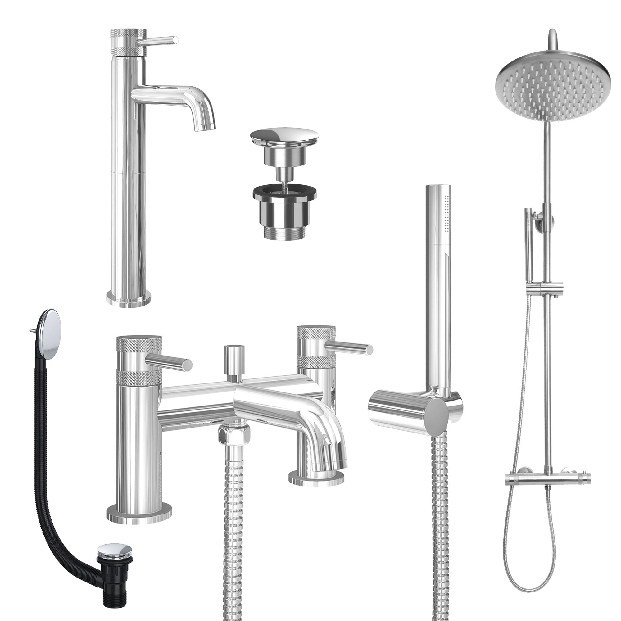 Chrome Tall Basin Mixer Tap, Bath Shower Mixer and Rigid Riser Shower with Universal Basin and Bath Waste