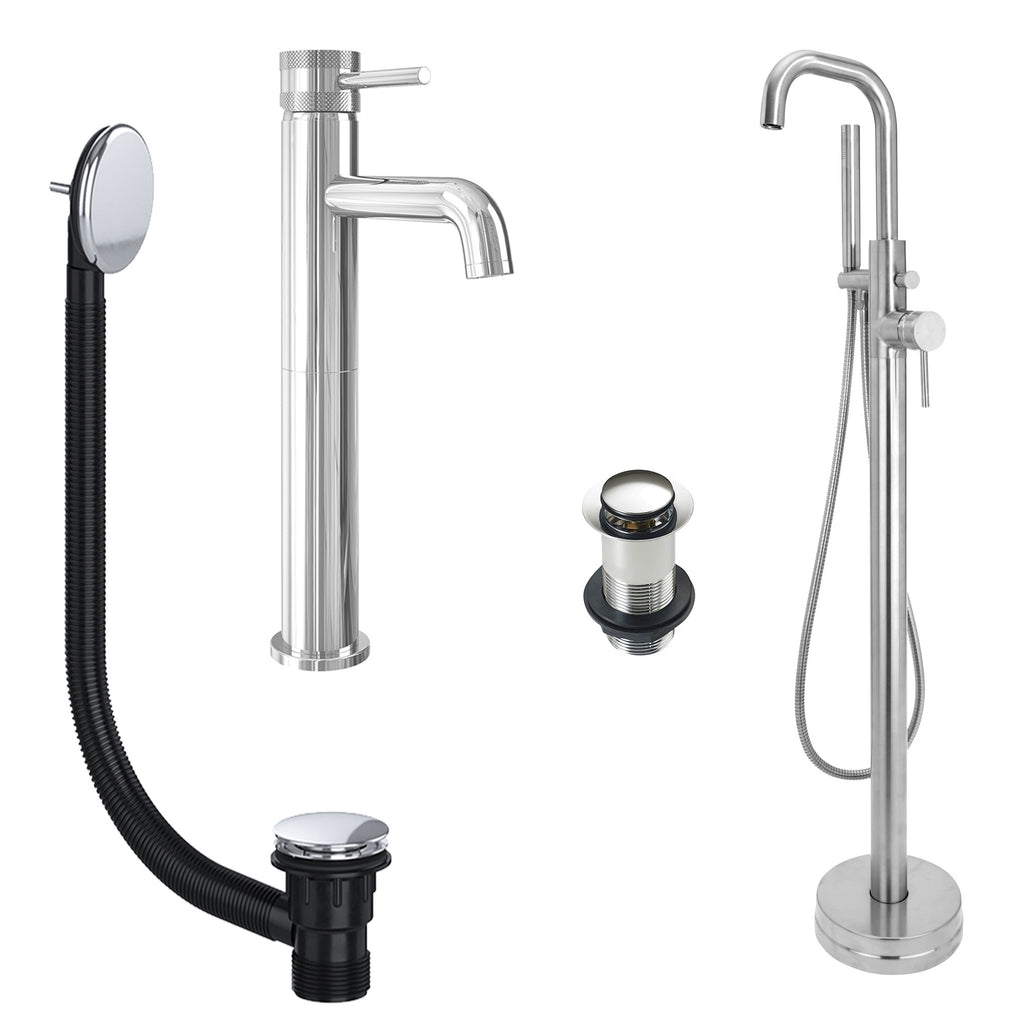 Chrome Tall Basin Mixer Tap and Freestanding Bath Shower Mixer Tap with Handset and Unslotted Basin and Bath Waste
